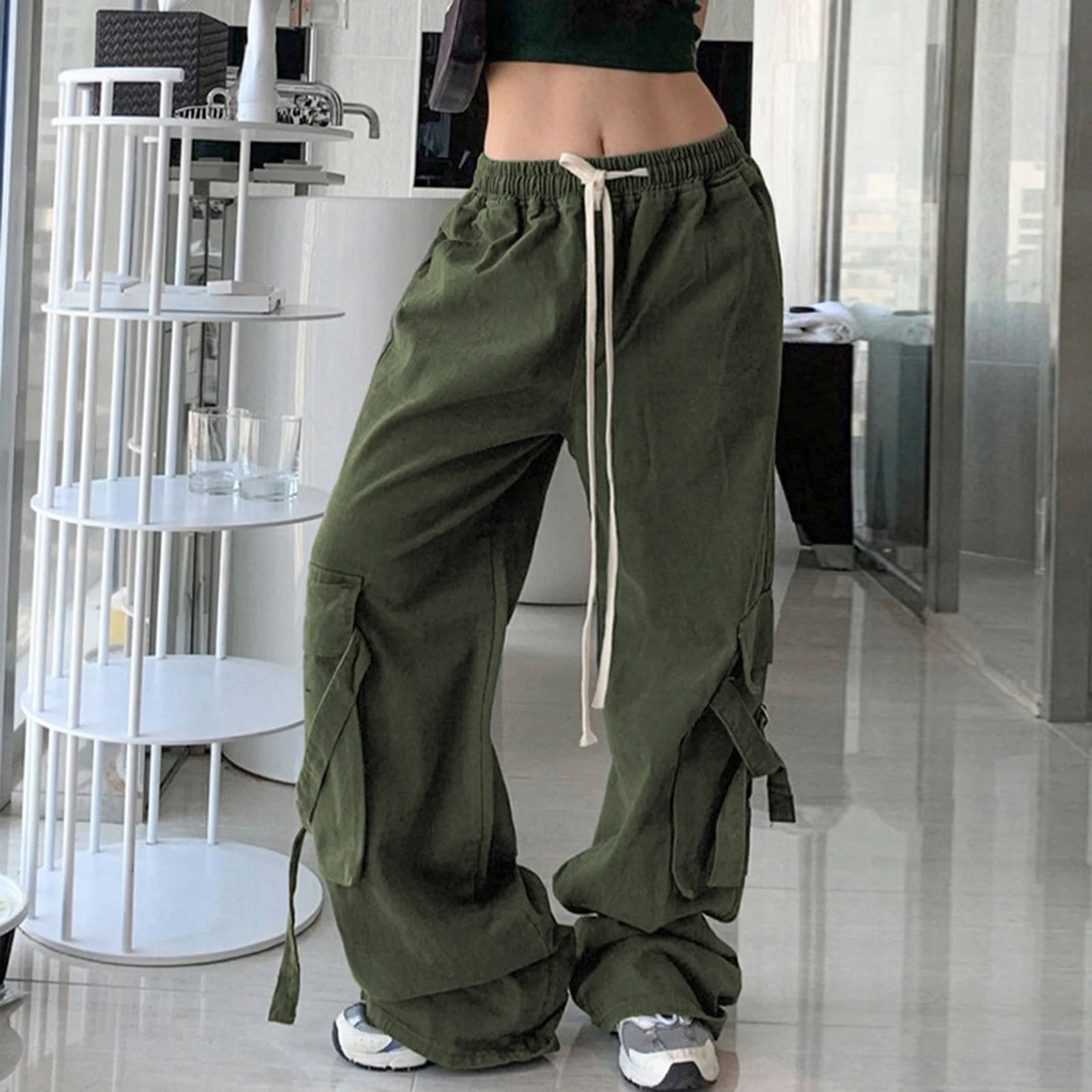 

Vintage Loose Casual Cargo Pants Women Drawstring Elastic Waist Straight-leg Trousers Streetwear with Big Pockets Y2k