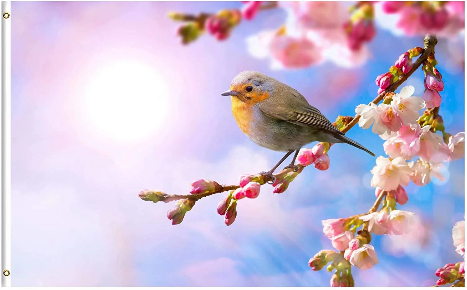 

Spring Pink Cherry Flowers Blossom with Robin Birds on Branch 3x5 Feet Flag Polyester for Outdoor Indoor Home Decor