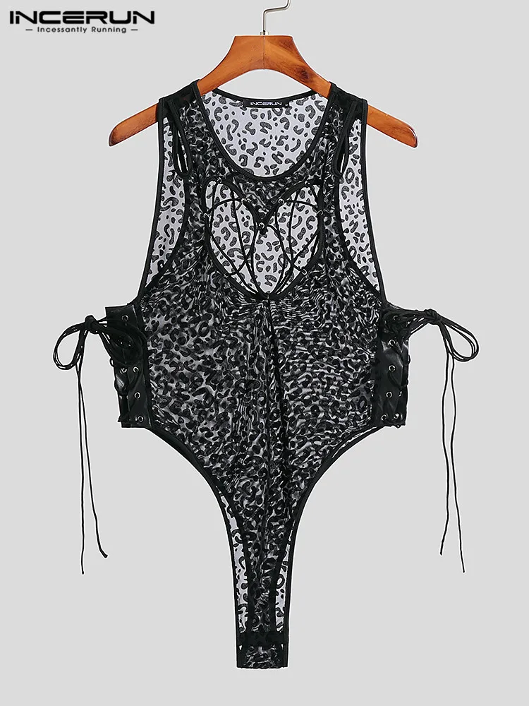 INCERUN Sexy Fashion Homewear Men See-through Mesh Hollow Jumpsuit Casual Male Comfortable Drawstring Sleeveless Bodysuits S-5XL