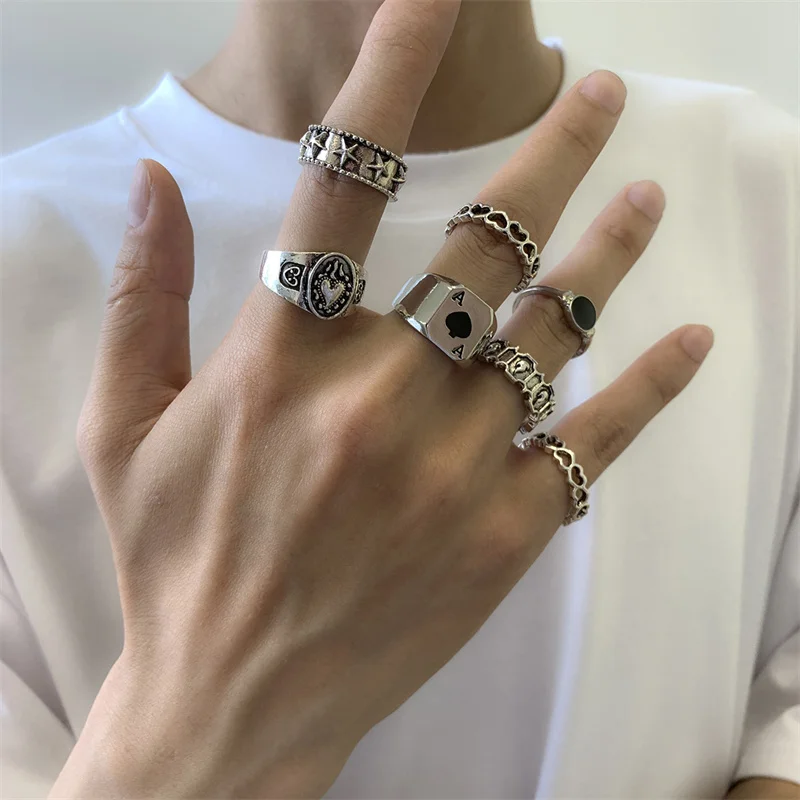

7PCs New Men's Trend Metal Ring Set Geometric Hollow Drop Oil Ring Ring Set Combination lord of the rings gothic rings for men