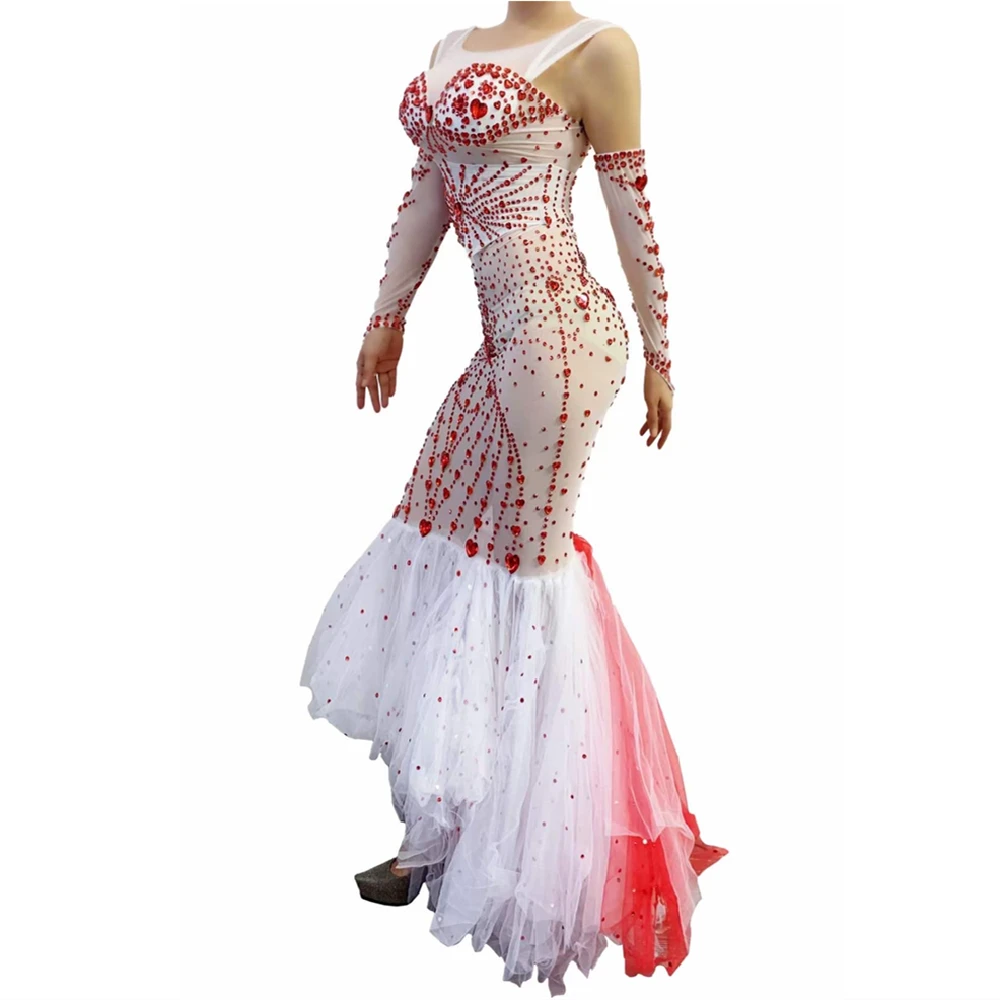 

Women Dancer Dresses Red Rhinestone Transparent Mermaid Long Dress with Gloves Belt Wedding Evening Mesh Trailing Dress Gown