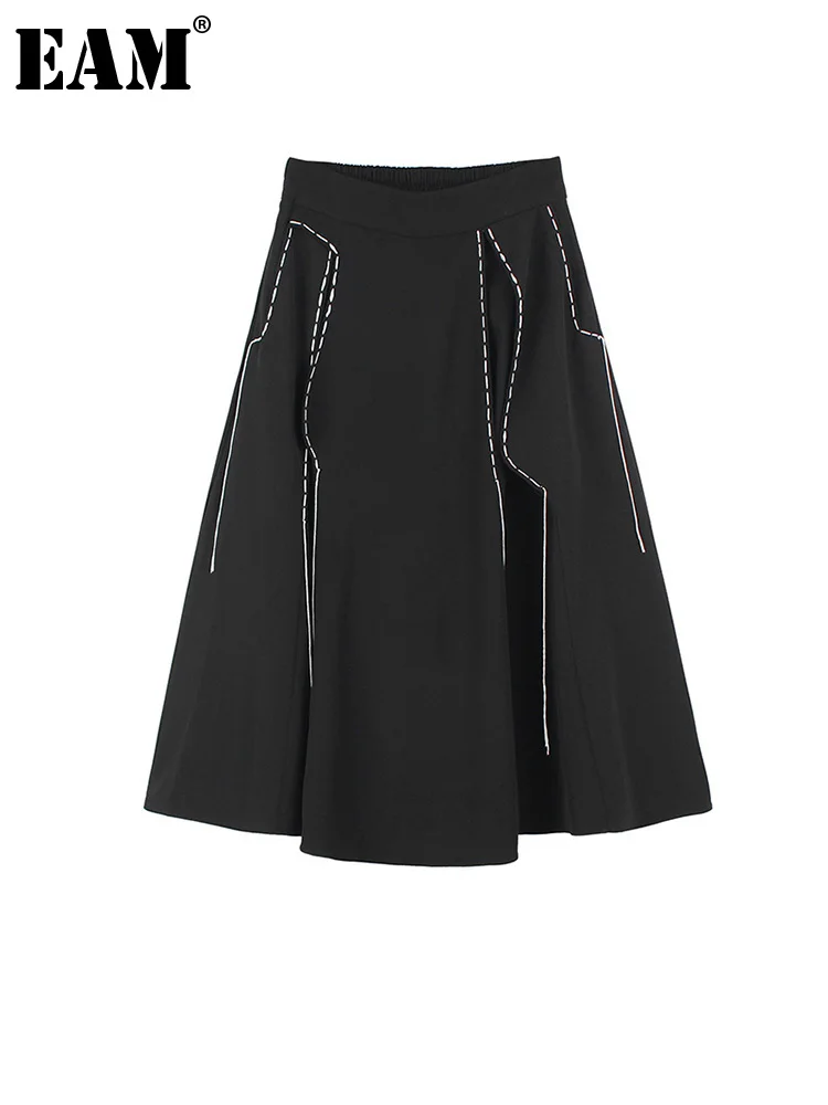 

[EAM] High Elastic Waist Black Topstitched Long Elegant Half-body Skirt Women Fashion Tide New Spring Autumn 2022 1DE9529