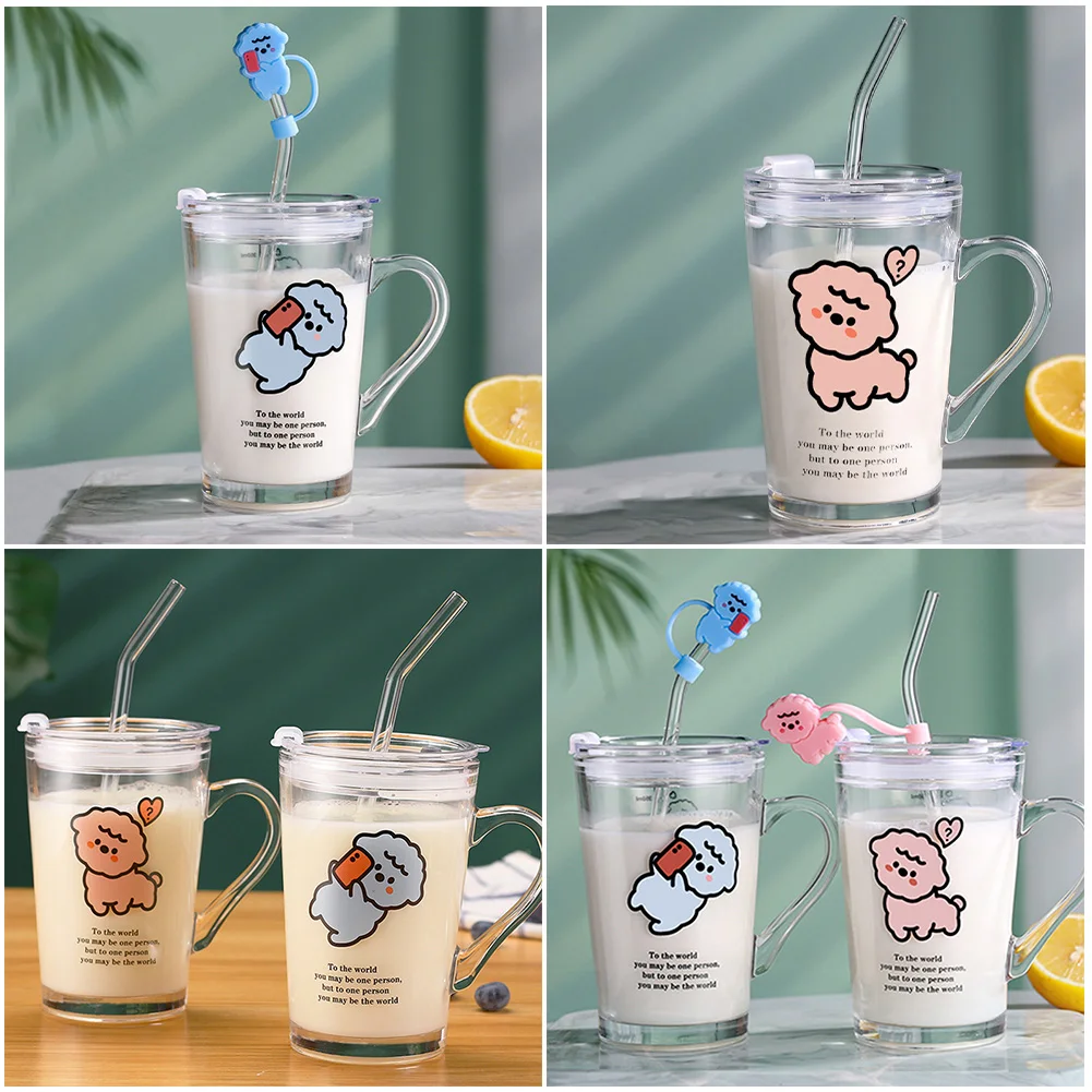 

Glass Mug With Lid Juice High Temperature Breakfast Cup 1 Pc Cartoon Pattern Cup With Handle Glass Measuring Straw Water Cups