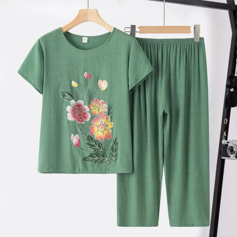 

Women Pajama Suit Middle-aged Mother's Embroidered Flower Print Casual Set O-neck Short Sleeve Top Wide Leg Pants for Daily