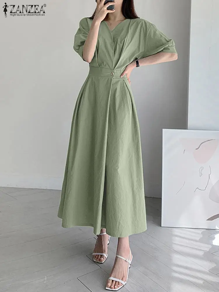 

Fashion Solid Office Lady Dress ZANZEA Summer A-line Sundress Women Elegant V Neck Half Sleeve Party Midi Vestido Robe Femme