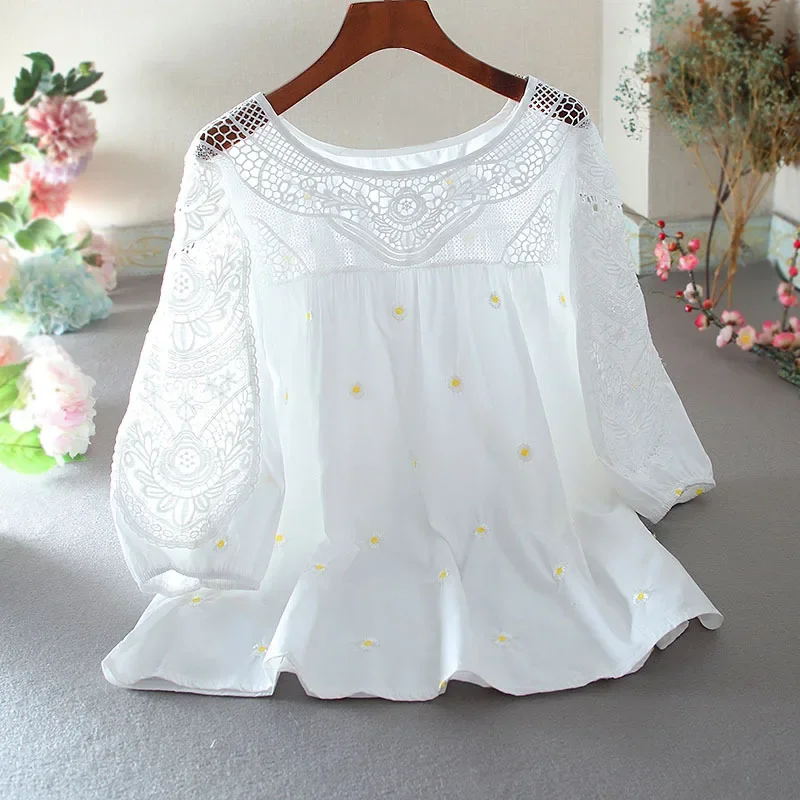 Элегантный кружевной топ с вырезами рукавом три четверти свободный крой куклой