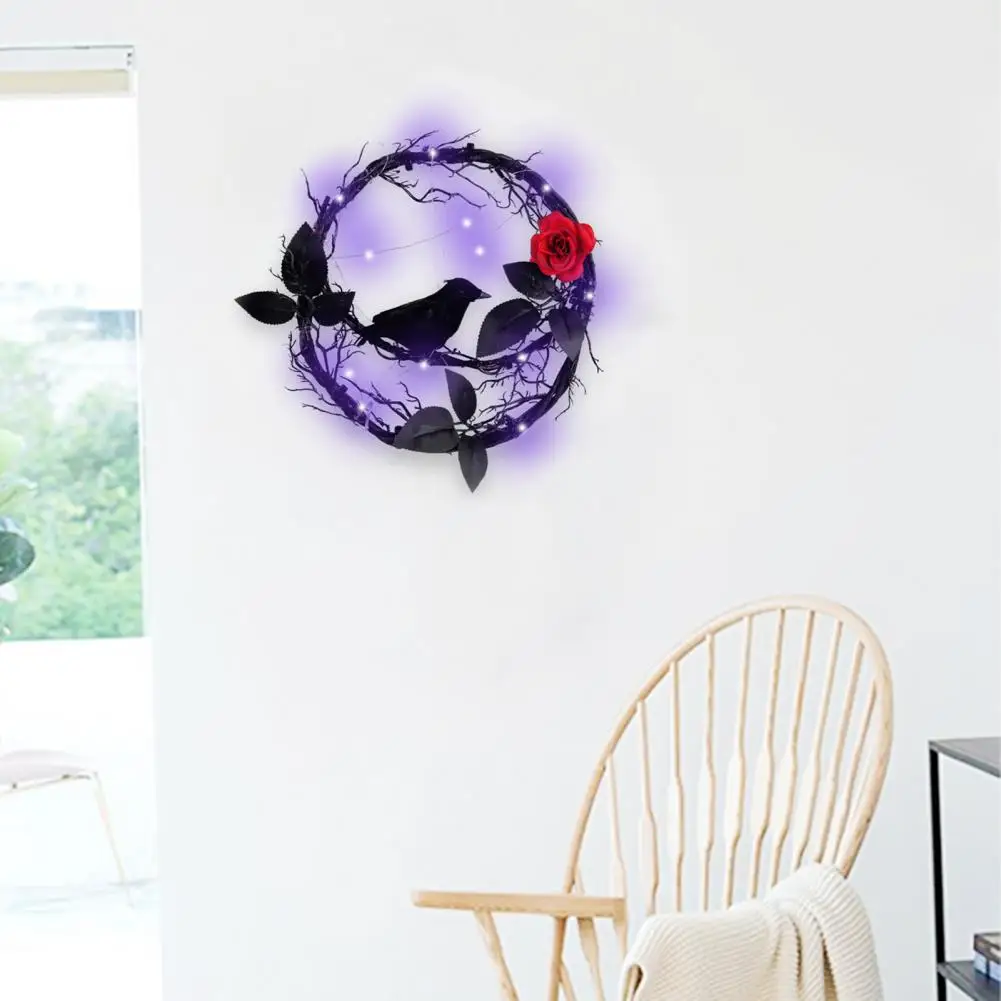 Светящийся венок светящиеся мертвой ветви на Хэллоуин с черной вороной гирлянда