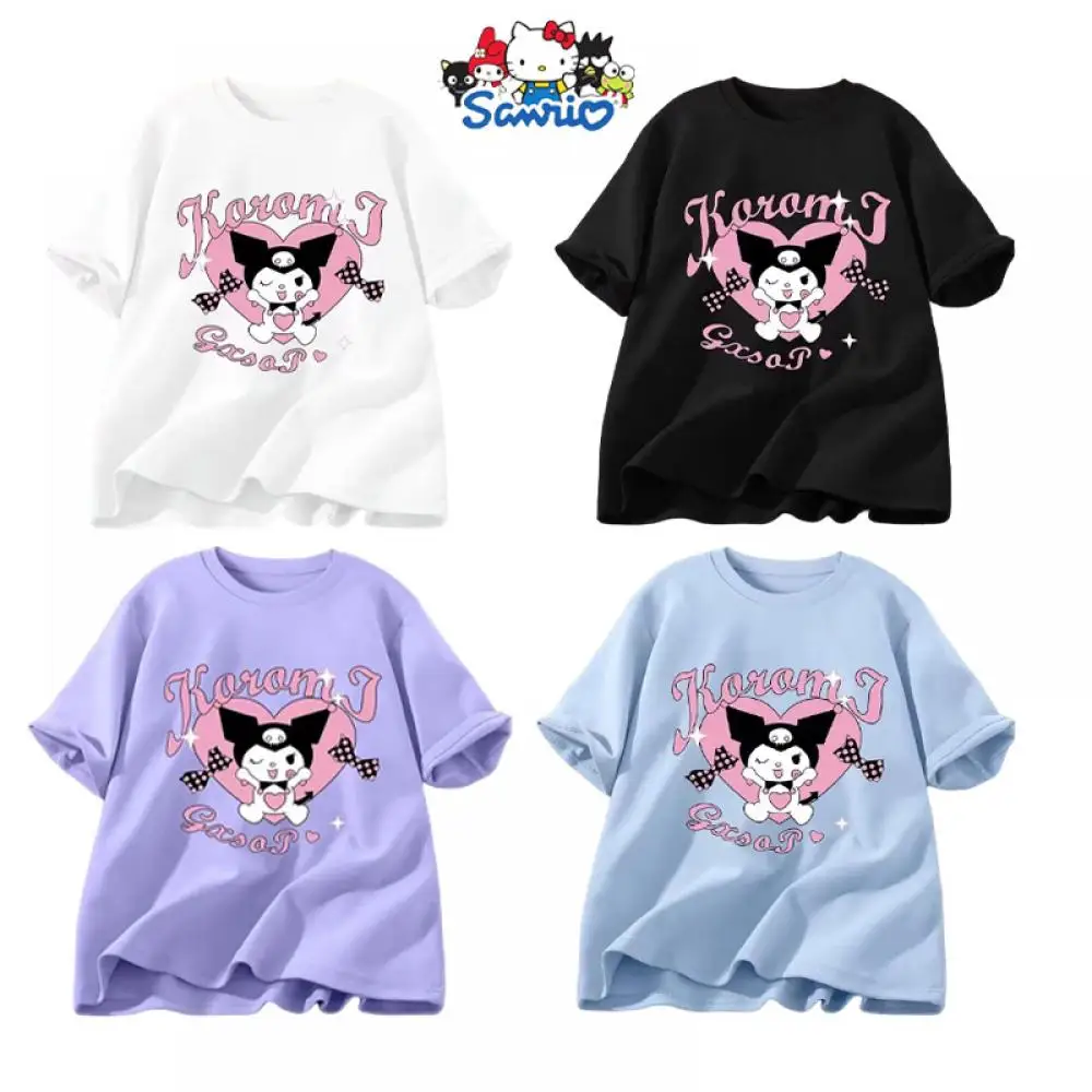 

2023 New Kawaii Sanrio Kuromi Short Sleeve Sweet Giris Summer Pure Cotton Loose and Versatile Short T-Shirt Cartoon Half Sleeve