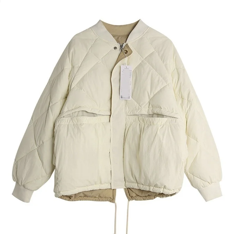 Women Winter Feather Uniform Coat Warmth Cropped Top Parka Loose Jacket Fashion Baseball Collar 2022 New