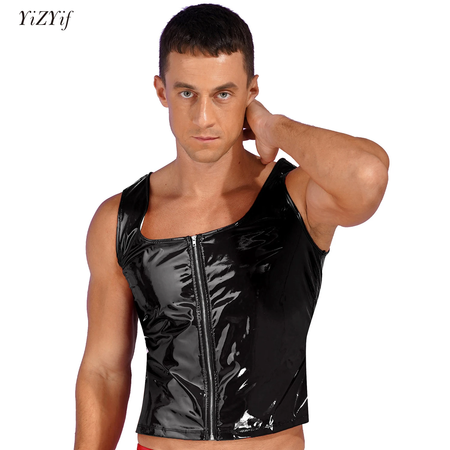 

Mens Fashion Zipper Patent Leather Tank Top Wet Look U Neck Sleeveless Vest Party Clubwear Pole Dancing Rave Outfit
