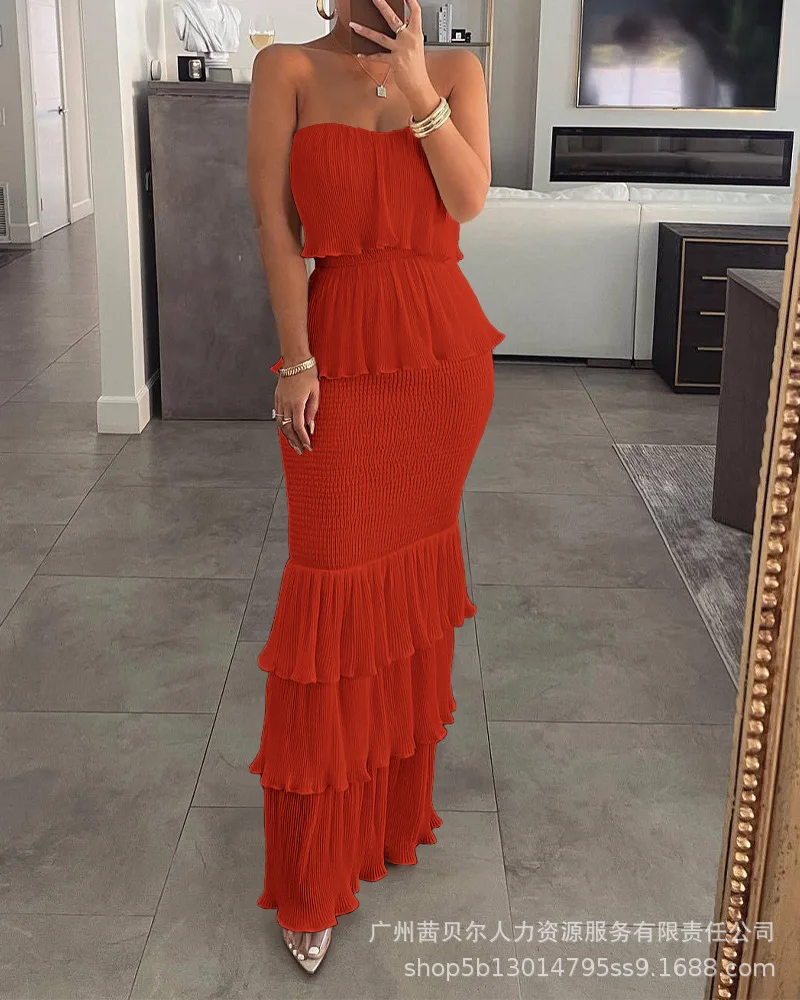 

High Waist Dress Women Clothing Elegant Party Pleated Ruffle Edge Long Summer Fashion Sleeveless Solid Color Dresses 2023 New