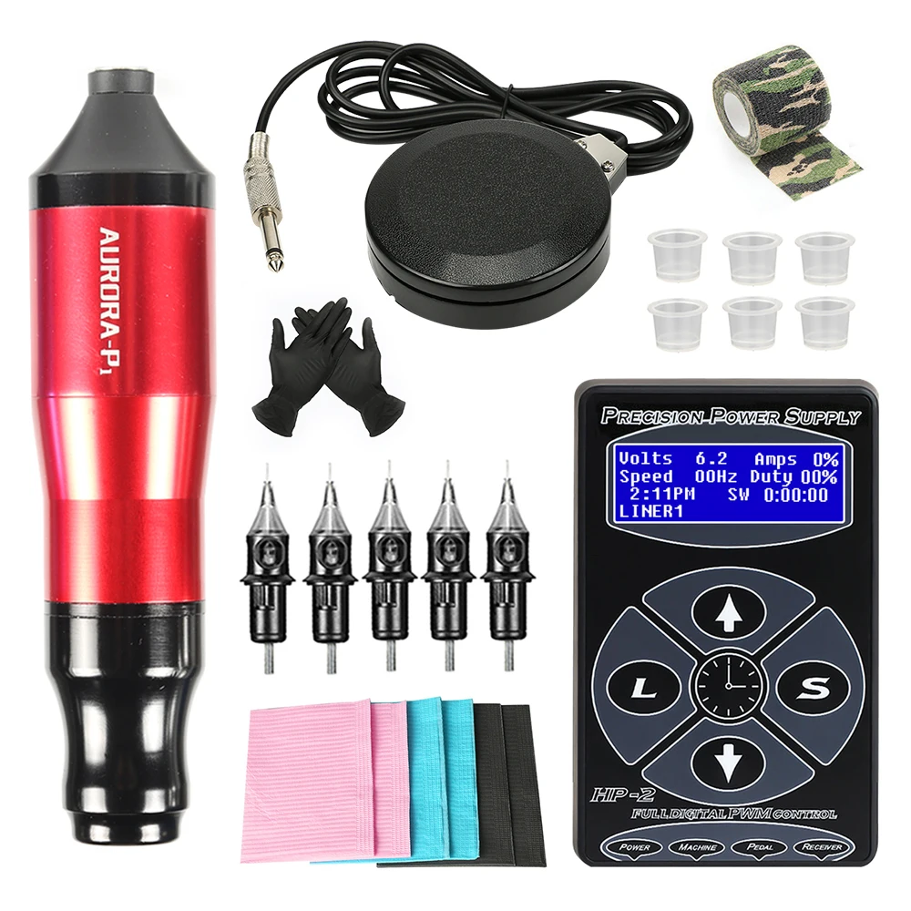 

Aurora Tattoo Machine Set LCD Экран Татуировка Блок питания с 5 шт. Картриджи Иглы Перманентный макияж Вращающиеся наборы ручек для татуировок
