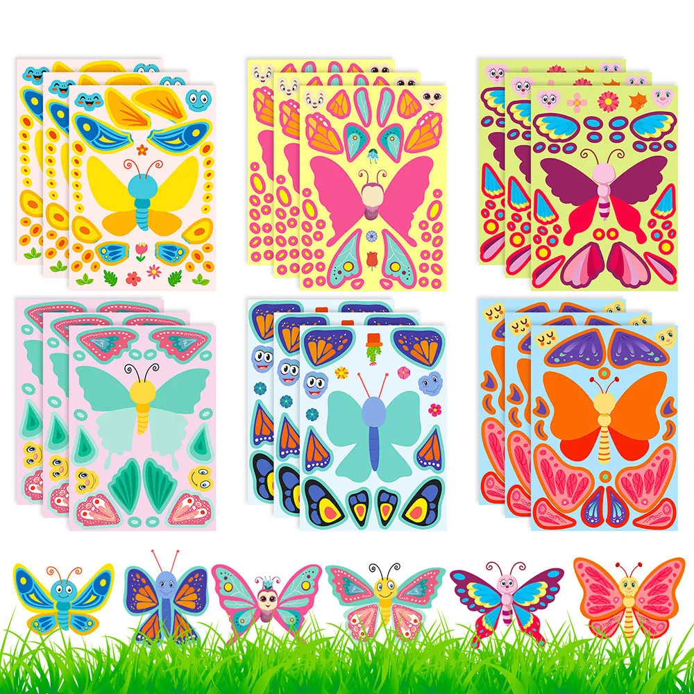 

6Sheets Butterfly Make-a-face Puzzles Education Stickers DIY Waterproof Removable Laptop Pencil Case Backpack Decoration Decals