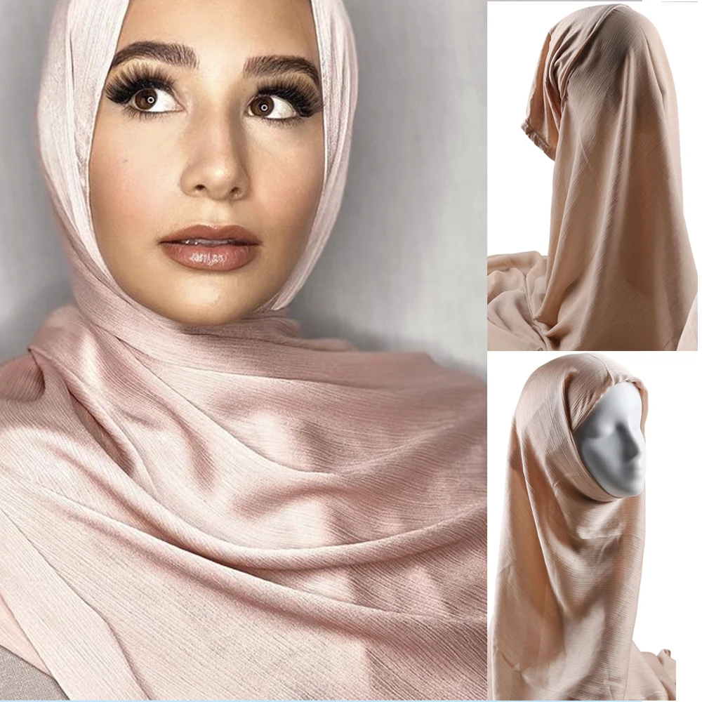 

Women Muslim Satin Silk HIjabs with Inner Caps Instant Satin Crinkle Hijab With Under Bonnet Inner Cap Scarf Headband Scarves