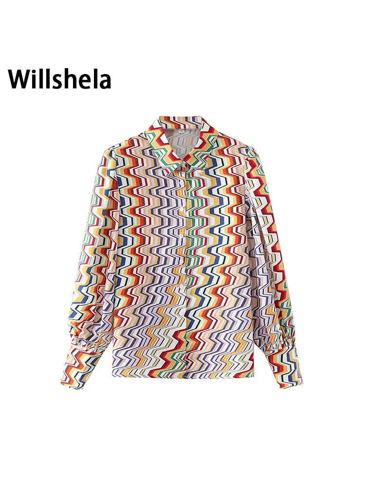 

Женская модная однобортная блузка Willshela с принтом, винтажные женские шикарные рубашки с воротником с лацканами и длинными рукавами