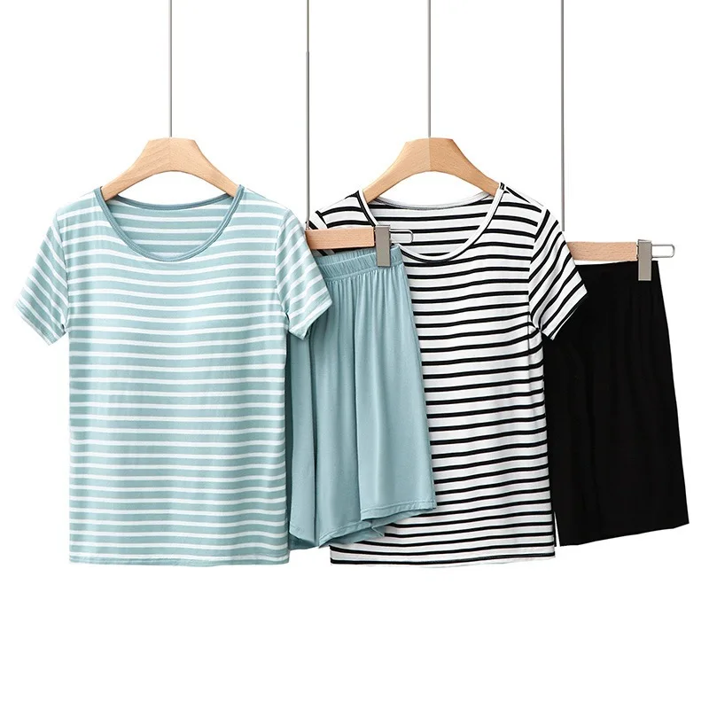 

Summer Chest Pad Shorts Pajamas Suit Women's Modal Striped Design Soft and Simple Loose Casual Short Sleeve Shorts Homewear Suit