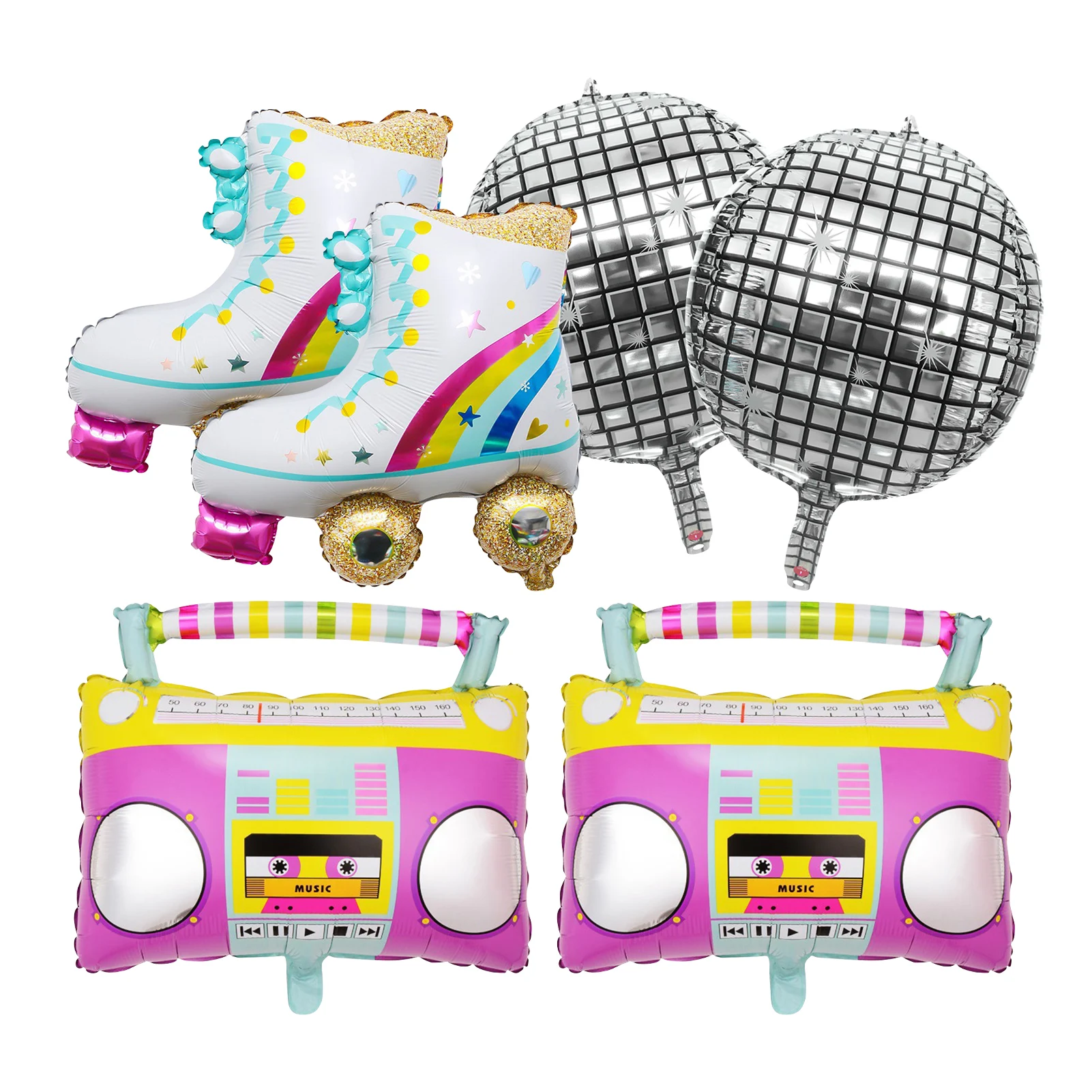 6pcs Aluminum Foil Popular Resuable Helium Balloons 80s 90s Inflatable Round Ball Boombox Shape Party Decoration Retro Disco