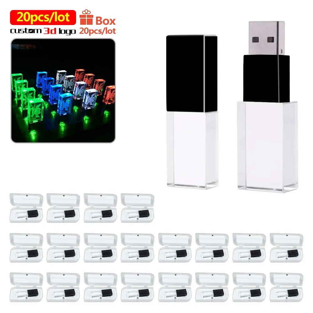 20pcs Free Logo High Speed Blue Light&Crystal USB Flash Pen Drive Memory Disk Pendrive 2.0 128GB 32GB 8GB 16GB 4GB Gifts