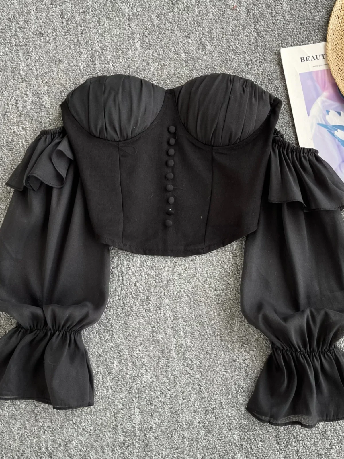 SsTss &quot2024 Американский черный топ Y2K женский укороченный с открытыми плечами и