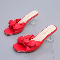 2022 new candy color terry cloth high heeled womens bow square head one word sandals and slippers women