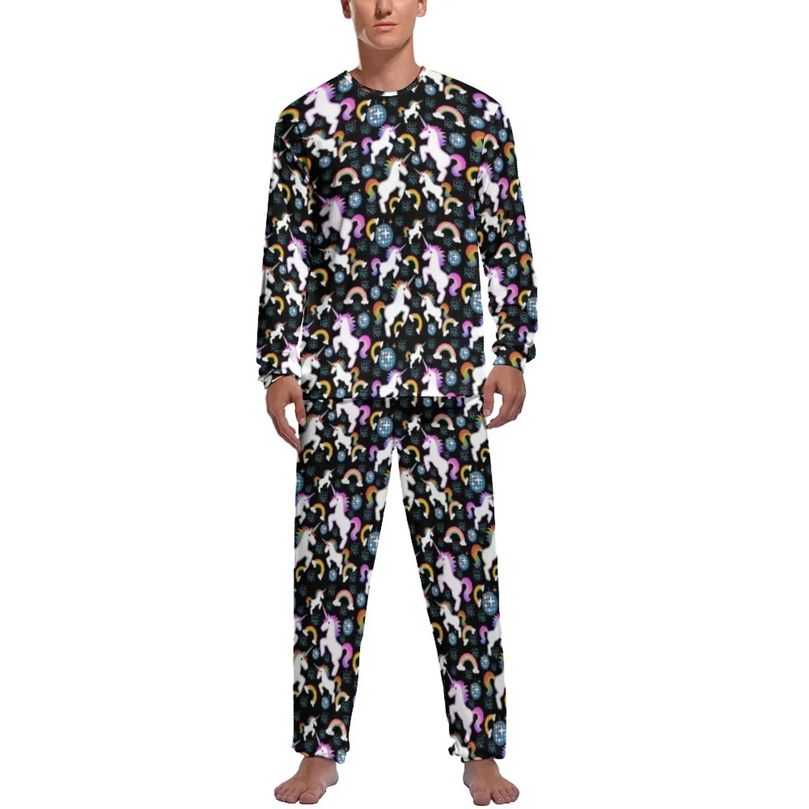 Cute Unicorn Pajamas Long Sleeves Rainbows Animal Print 2 Piece Casual Pajama Sets Daily Man Printed Romantic Nightwear