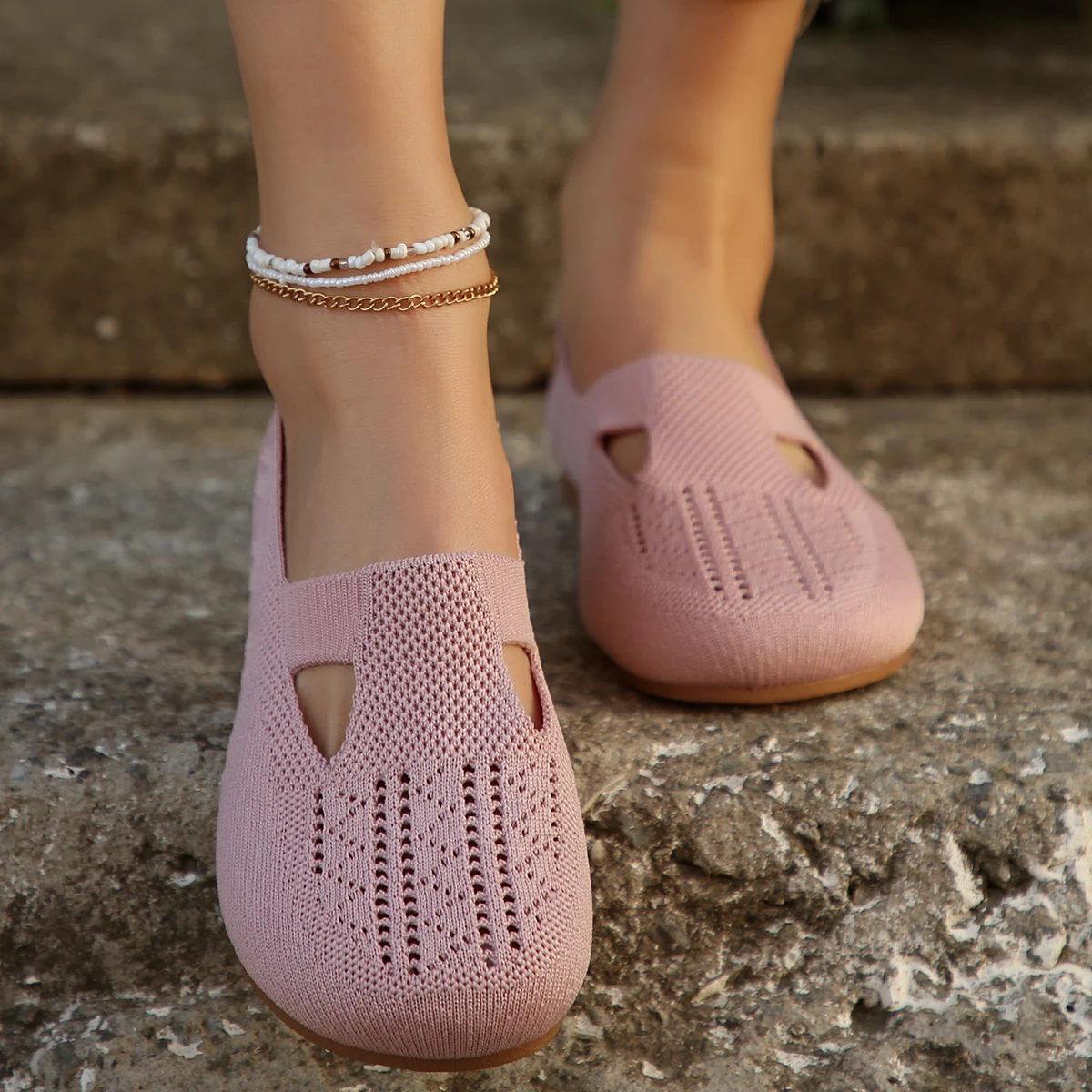 Кроссовки женские легкие вязаные на плоской подошве лоферы с квадратным носком