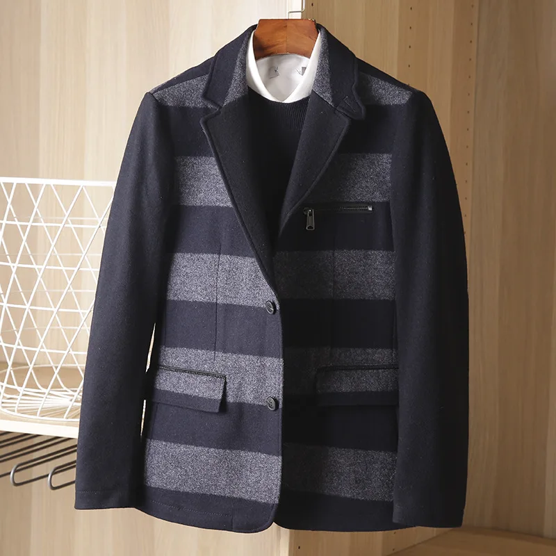 

Fashion Personality Men's Wool Coat Men's Autumn and Winter Thick Stripe British Style Slim Short Woolen Coat 2022 Fashion