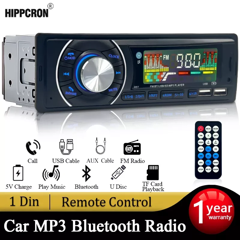 

NEW2023 Hippcron Car Radio 1 DIN Stereo Receiver FM Bluetooth MP3 Audio Player Cellphone Handfree Digital USB/TF With In Dash Au