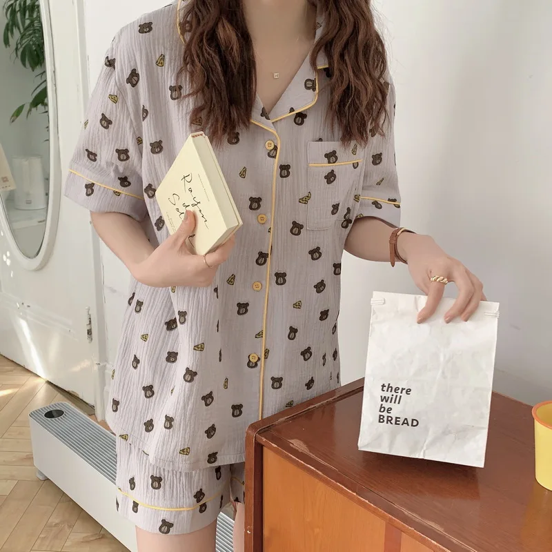 Cartoon Bear Summer Pajamas Set Women Single Breasted Shirts + Shorts Cotton Two Piece Home Suit Kawaii Korean Sleepwear