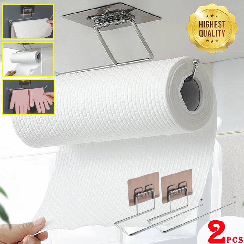 

2Pcs Self-Adhesive Towel Holder Rack Kitchen Toilet Paper Roll Paper Holder Stand Storage Rack Bathroom Organizer Accessories