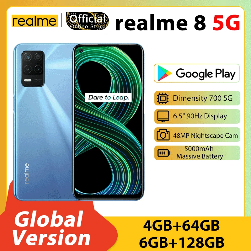 

Глобальная версия realme 8 5G сотовый телефон 4GB+64GB плотность 700 5G 6.5'' 90 Гц дисплей 48MP тройная задняя камера 5000mAh