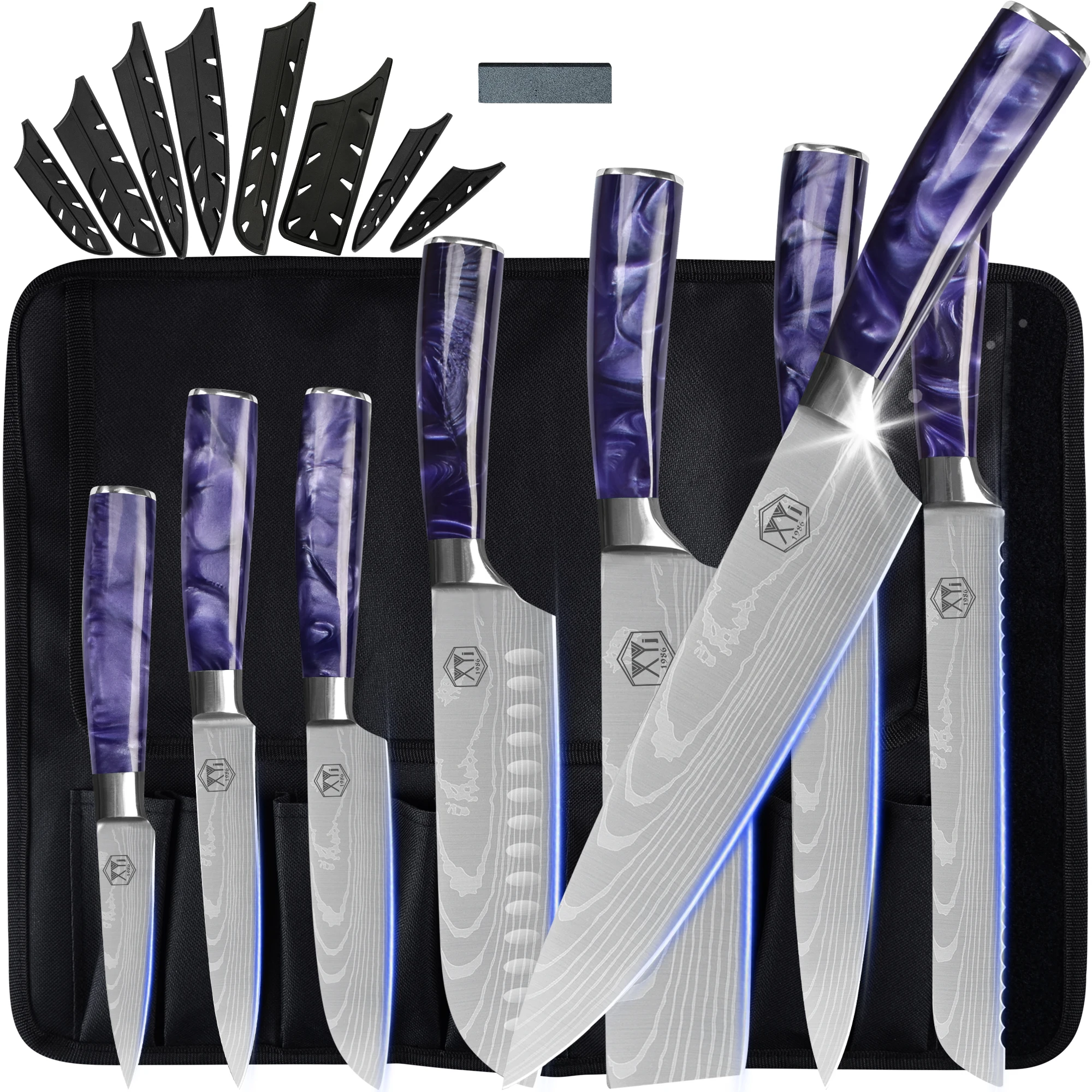 

Xyj 8 Pieces Stainless Steel Laser Blade Kitchen Knives Set Resin Handle Chef Slicing Knife With Bag Sharpening Rod Whetstone