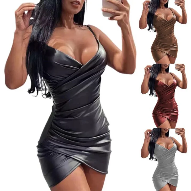 

Цельнокроеное платье, женское платье из искусственной кожи, стильное летнее Плиссированное облегающее платье-слинг для ночного клуба, черн...