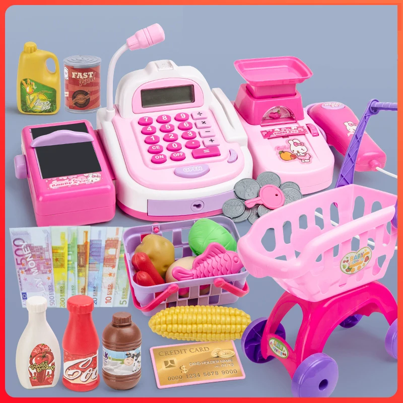 

48pcs/set Simulation Children's Shopping Cart Toy Supermarket Cash Register Cashier Toy Play House Scan Card Machine Toy