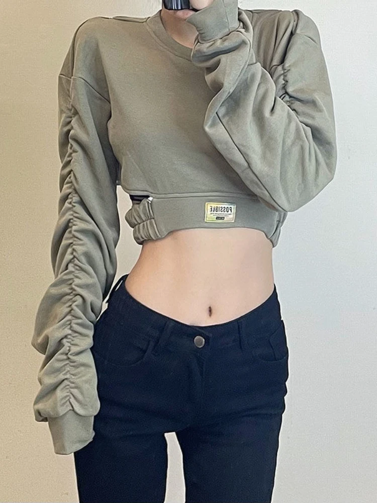 

Harajuku Vintage Y2k Clothes Long Sleeve Pleated Solid Punk Gothic Sweatshirts Spring Autumn Female Slim Streetwear Crop Tops