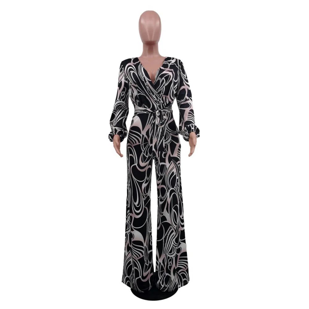Ladies V-Neck Waist Loose Print Casual Women's Straight Jumpsuit Wide Leg Lantern Long Sleeve High Waist Jumpsuit Women's Suit