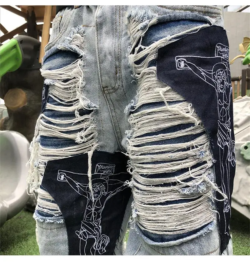 American jeans men's fashion brand high street hole hiphop hip hop straight wash cut cross print stitching denim trousers