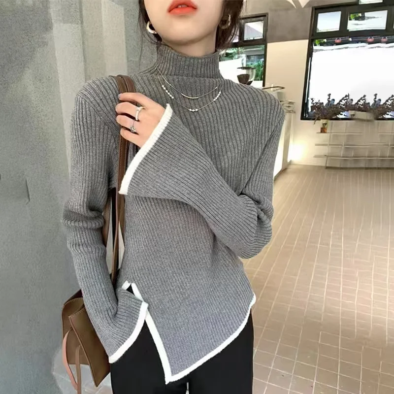 

Hot sale Jumper Jersey Slim Wild Half High Collar Grey Sweater Women Pullover Irregular Split Long Sleeve Knit Tops Shirts Suete