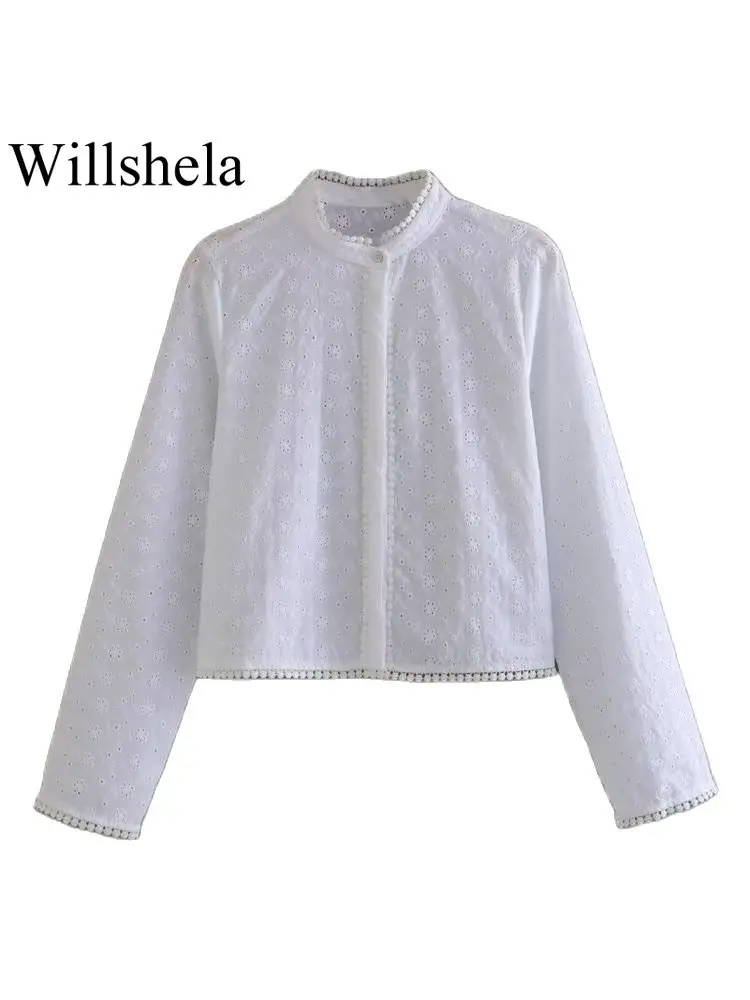 

Willshela Женская модная вышивка однотонная ажурная однобортная блузка Винтажная с круглым вырезом и длинными рукавами женские шикарные рубашки