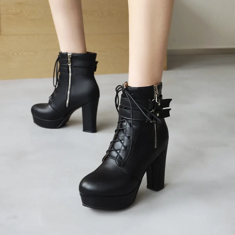 

Женские ботильоны с перекрестной шнуровкой и двойной пряжкой, боковая молния, женские ботинки на платформе, ботинки с внутренней подкладкой и плюшевой подкладкой