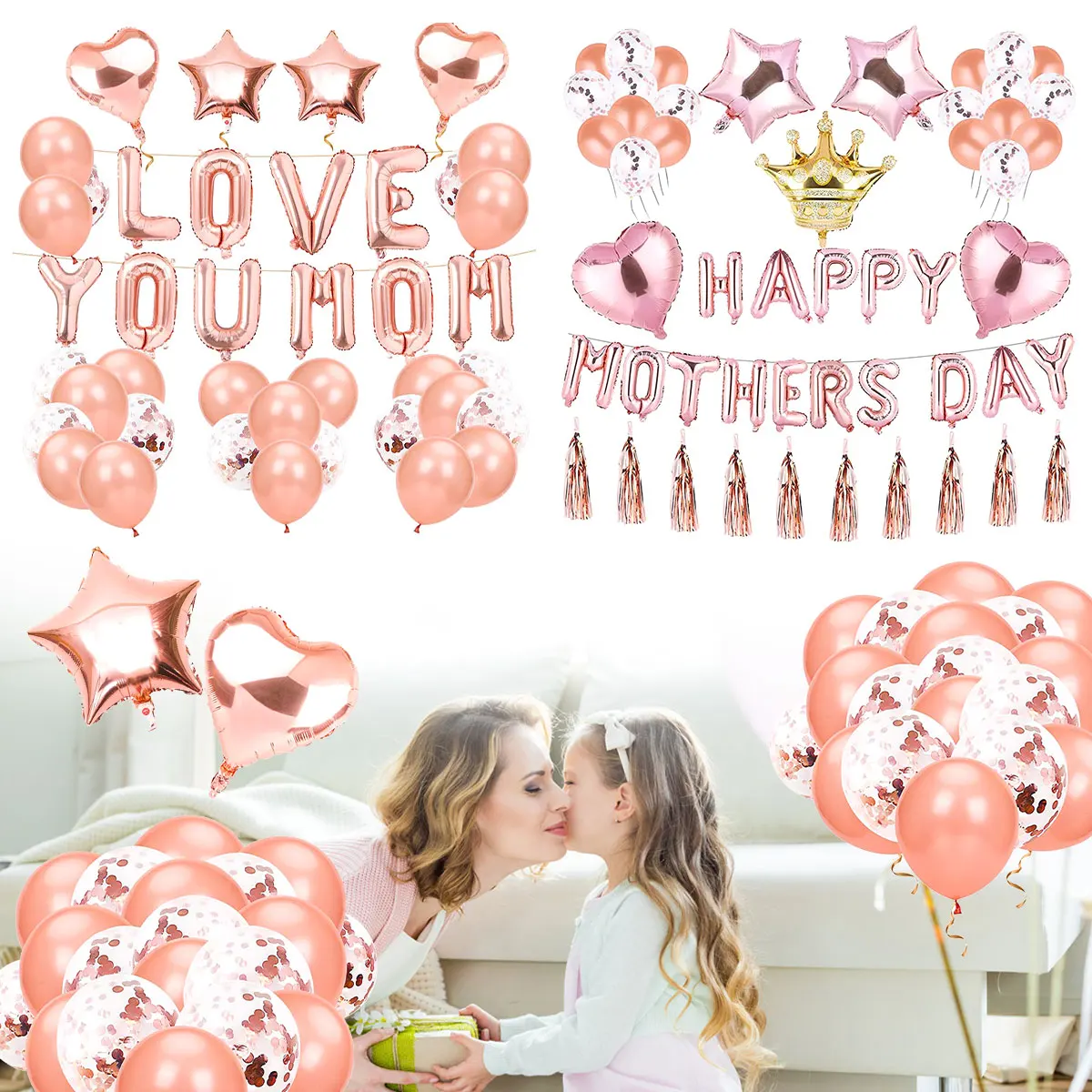 

HAPPY MOTHER DAY Balloon Set LOVE YOU MOM Balloons Banner Reusable Rose Gold Balloon Decorations DIY Aluminum Film Balloon Kit P