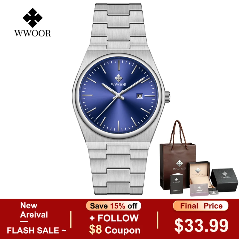 WWOOR Top Brand Men's Sports Quartz Watches Sapphire Stainless Steel Diver Watch 100M Waterproof Luxury Men's Watch Reloj Hombre