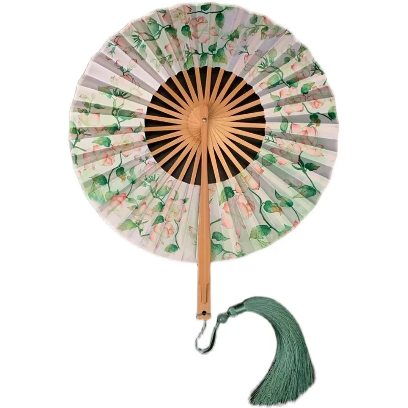 

New Chinese Style Green Jasmine Flower Crane 360 Degrees Folding Fan Round Fan Ancient Style Portable Cheongsam Fans Hanfu Dance
