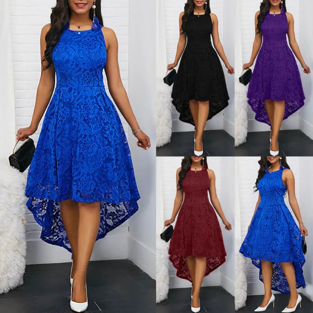 

2020 Party Summer Vintage Plus Size Women Solid Color Lace High Low Sleeveless Dress Women's Clothing платье женское vestido