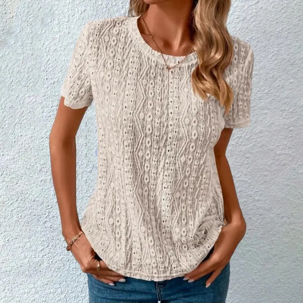 

Women O Neck T-shirt Geometric Texture Hollow Out Women's Summer T-shirt Soft Breathable Short Sleeves Round Neck Lady Top