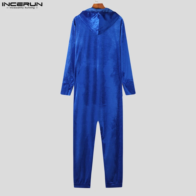 Fashion Casual Style Tops INCERUN Men's Fashion Solid Hooded Homewear Rompers Stylish Male Long Sleeve Drawstring Jumpsuit S-5XL