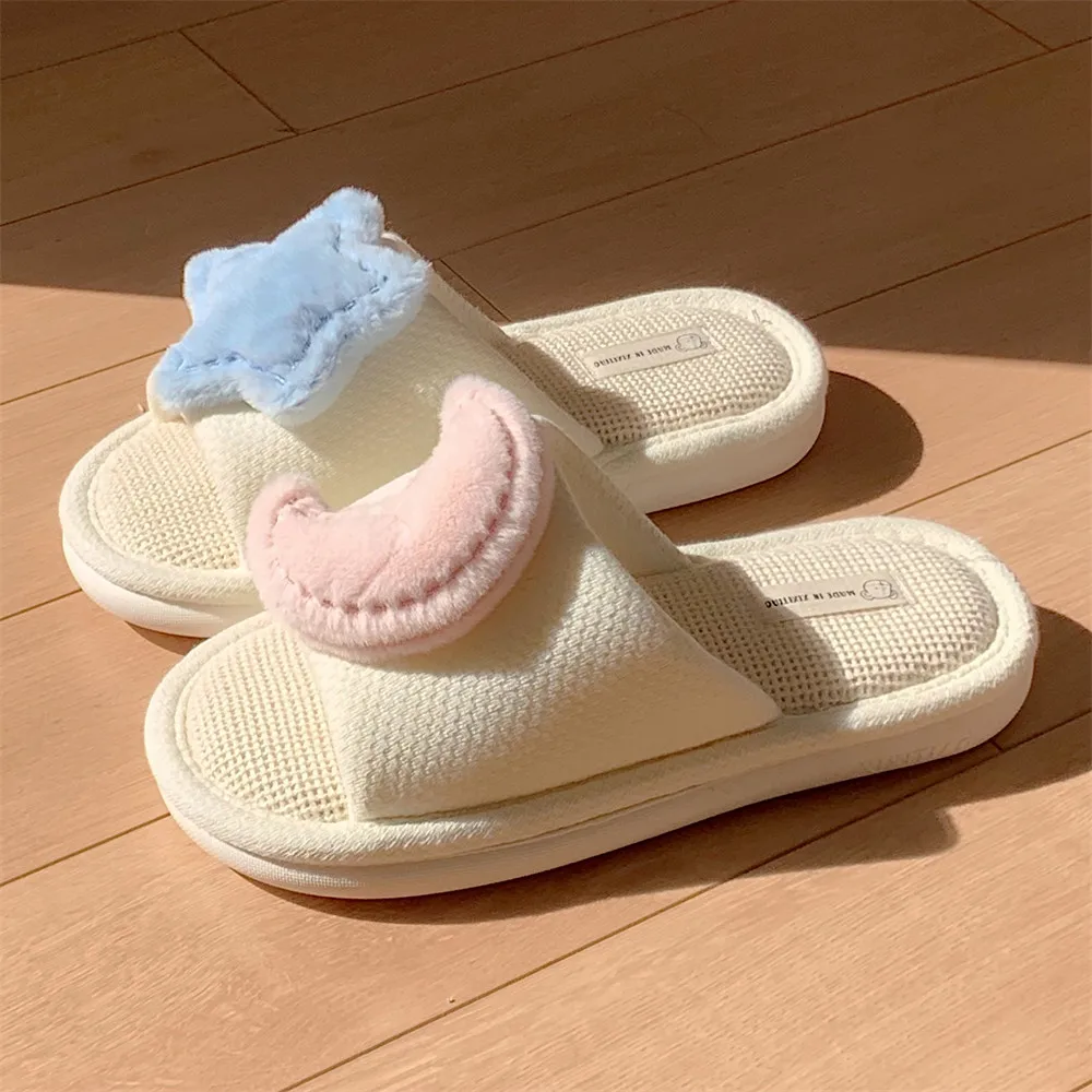 Cute Star Moon Linen Slippers 2023 New Women Slippers Autumn House Slides Female Flip Flops Indoor Home Linen Slippers Women