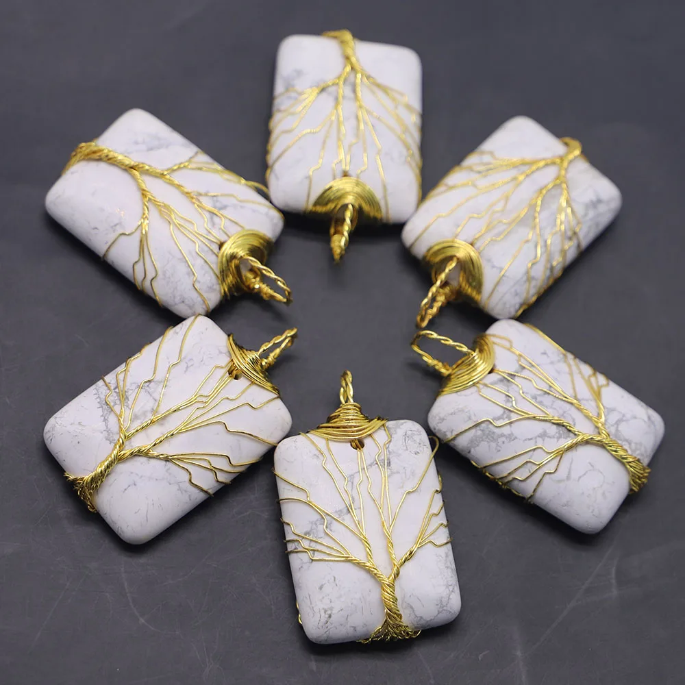 Natural Stone White Turquoise Square Necklace Pendant Gold Wire Winding Handmade Wrap Tree Of Life Charms Jewelry Wholesale 4Pcs