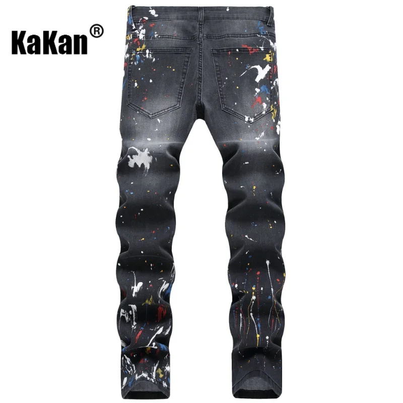 Kakan - New Distressed Painted Jeans for Men, Stretch Trend Personalized Slim Fit Small Feet Black Long Jeans K19-1150