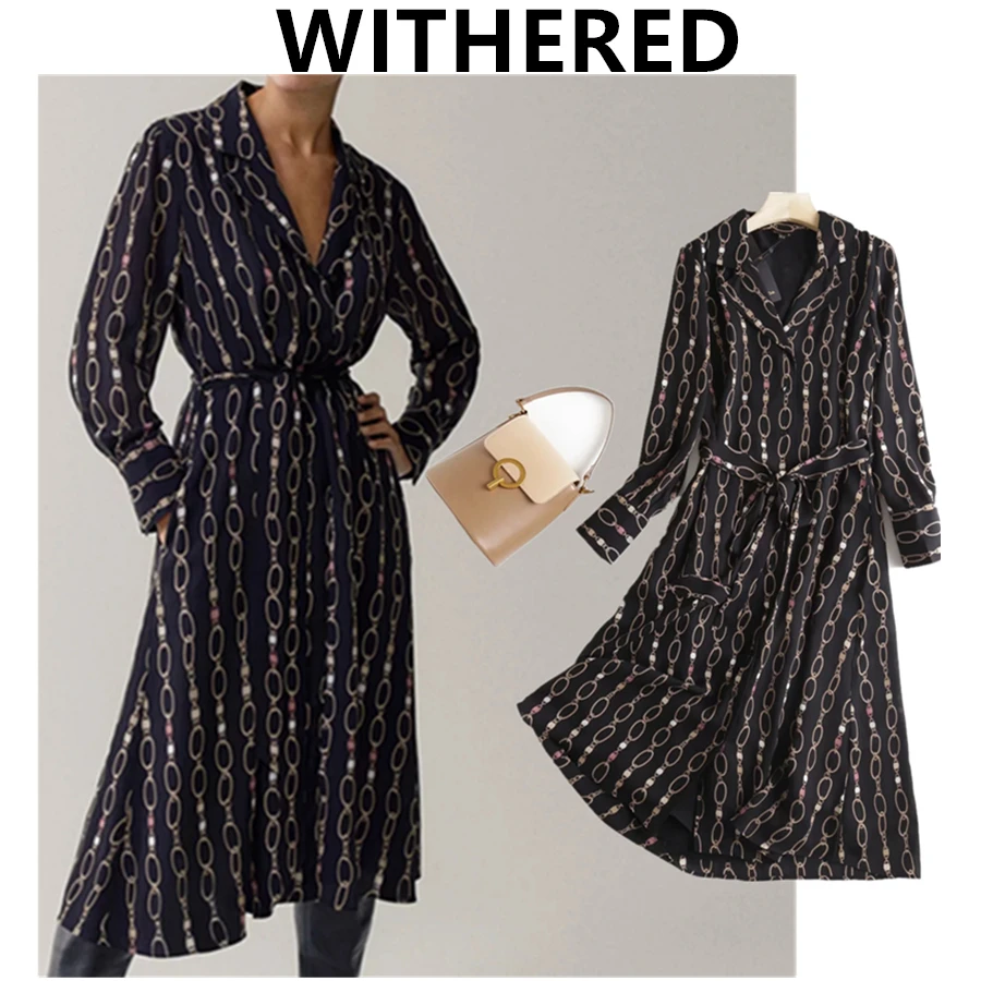 

Withered Spring Vestidos De Fiesta De Noche England Style Office Lady Fashion Elegant Chain Printing Party Dress Women Vestidos